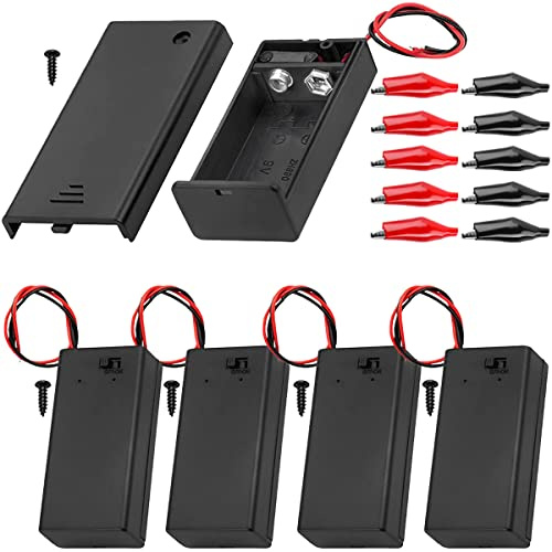 MKBKLLJY 5Pcs 9v Battery Holder Base Box, 9 Volt Black Battery Case Holder with Switch, 9v Battery Case with ON/Off Switch,Wire,Cover,Alligator Clips,and Mounting Screws,for DIY and dc equipment