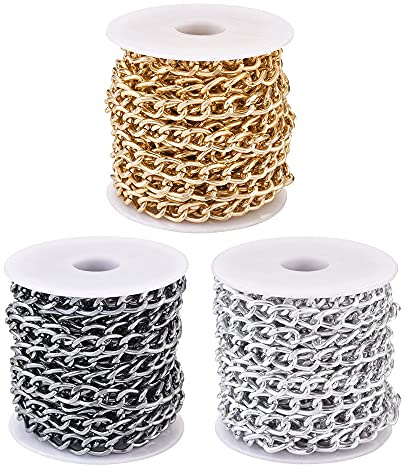 Cheriswelry 3 rollos de cadenas de eslabones de aluminio de 16.4 pies, cadenas trenzadas con carrete para colgantes, collares, joyas