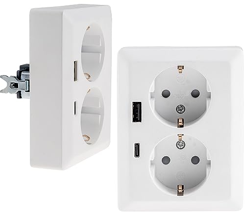 Toma con contacto de protección MILOS Toma doble de 2 vías 1 en 2 instalación de empotrar en caja de empotrar 250V~/16A con USB-A USB-C PD blanco