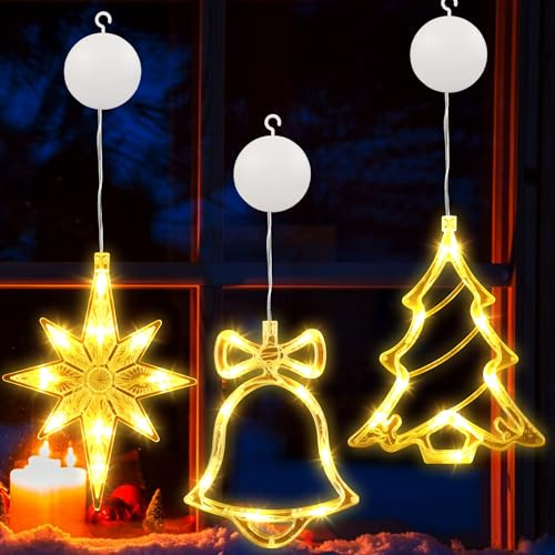 BrizLabs Ramadan Fenster Beleuchtung, 3 Stück Innen Fensterlichter Weihnachtsbaum Glocke Nordstern Batteriebetriebene Hängend Saugnäpfe Eid Mubarak für Haus Außen Garten Balkon Party, Warmweiß