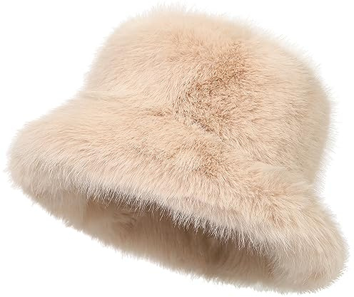 Rulala Fancy Women's Faux Fur Bucket Hats Fluffy Winter Warm Ladie's Unique Wide Brim Fisherman Cap(Beige)