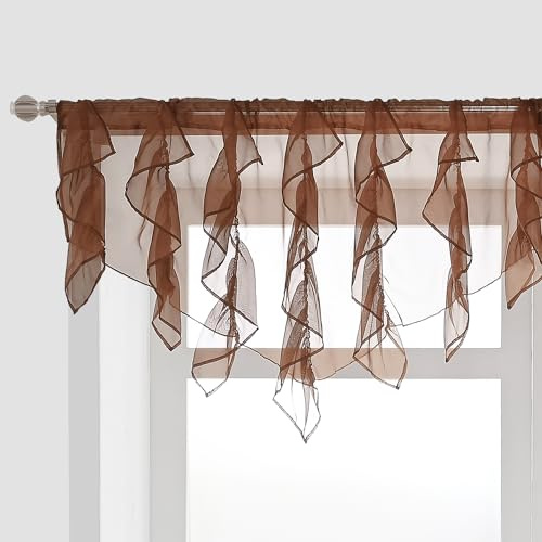 PearAge Gerüschter Voile-Vorhang, halbtransparent, für Küche, Wohnzimmer, Shabby-Chic, Rüschen-Volant, Mädchen, Töchter, Schlafzimmer, Kaskade, Fenstervolant, 132 x 66 cm (braunes Dreieck)