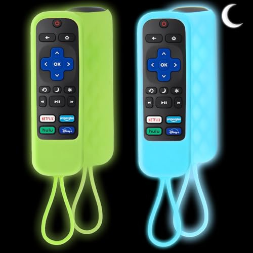Silikon-Schutzhülle für Roku Express/Streaming-Stick/Premiere, Silikon-Fernbedienungsabdeckung für TCL Hisense Roku TV-Fernbedienung, Ersatzhülle, leuchtet im Dunkeln, Grün und Blau, 2 Stück