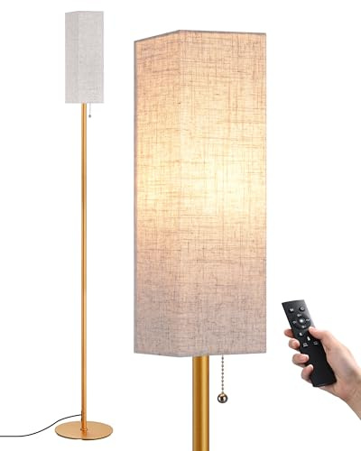 EDISHINE Floor Lamp, Standing Lamp with Square Linen Lampshade, Floor Lamps for Living Room, Bedroom, 165cm, E27 Socket(9W LED Dimmable Bulb Included), Magnetic Remote Control, Gold