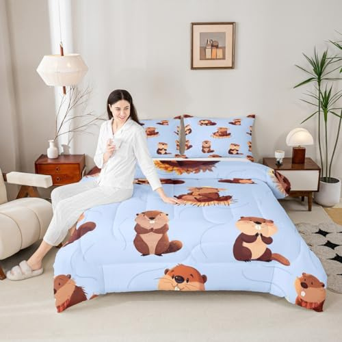 Cartoon Beavers Comforter Set Cute Wild Animals Bedding Set for Boys Girls Rustic Style Beavers Bedding Home Decor Brown Blue Comforter Full Size 3 Pieces Quilted Duvet Insert