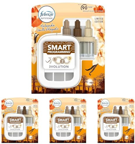 Febreze 3Volution Duftstecker Vanille Starterset mit automatischem Frischeduft-System, 3 abwechselnde Düfte entfernen Gerüche (Packung mit 4)