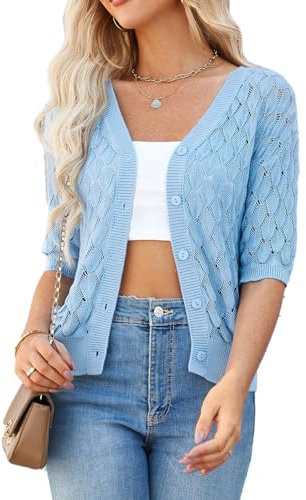 GRACE KARIN 2025 Cardigan à manches courtes et col en V pour femme en tricot ouvert sur le devant avec bouton au crochet