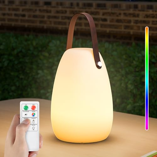 FUYO Outdoor Lampe LED Akku Tischleuchte Tragbare Kabellos Dimmbare Tischlampe mit 8 Farben Farbwechsel Gartenlampe perfekt für schlafzimmer wohnzimmer außen BBQ garten ostern dekoration (Ledergriff)