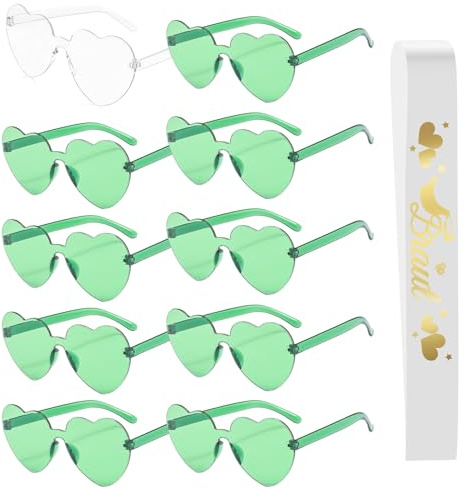 MONCAP 11STK JGA Brille Team Braut Sonnenbrille Frau Junggesellenabschied | Bride to Be Herz Brille Set mit Braut Schärpe Grüne Herz Partybrillen JGA Deko Accessoires für Hochzeit Brautparty