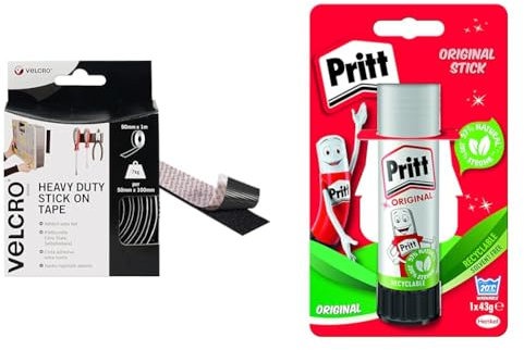 VELCRO Brand Heavy Duty Stick On Tape Cut-to-Length Industrial Extra Strong Double Sided Hook & Loop & Pritt Glue Stick, Safe & Child-Friendly Craft Glue for Arts & Crafts Activities