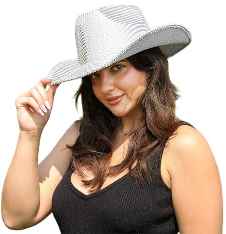 LOVETRENDS Speglad cowboyhatt – silver cowgirlhatt med reflekterande spegel boll effekt – spegelboll konsert vilda västern modeaccessoar, SILVER, Pack Of 1