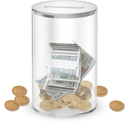 Spardose Acryl Spardose Transparent Spardose mit Deckel Zylinder Klar Spardose Sparschwein für Erwachsene oder Kinder Spardose (Transparenter Deckel)