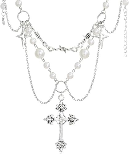 TOFBS Mehrschichtiges Perlenkette Set Kreuz Anhänger Halskette Vintage Rosenmuster Schmuck Damen Religiöser Schmuck Mehrreihig