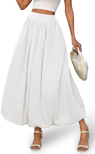 ELLEVEN Womens Bubble Maxi Long Skirt with Pockets Flowy Puffy Hem Elastic Waist Casual Lightweight Balloon Skirt Y2k Elegant Ruffle A-Line Classic Skirt Spring Summer White XX-Large