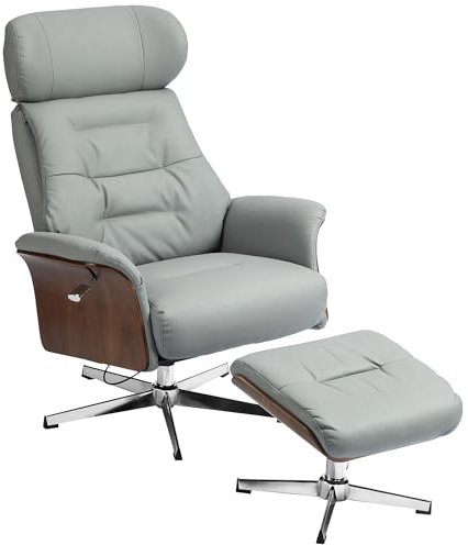 HOMCOM Relaxsessel mit Hocker, Fernsehsessel mit Liegefunktion, verstellbare Kopfstütze, Drehbar TV-Sessel bis 150 kg, für Wohnzimmer, Schlafzimmer, Kunstleder, Hellgrau