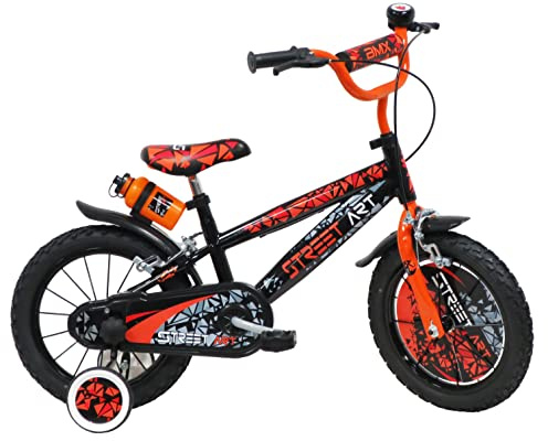 Street Art Barncykel 14 tum pojke (storlek 90 cm till 110 cm), svart och orange, utrustad med 2 bromsar, flaskhållare, frontplatta