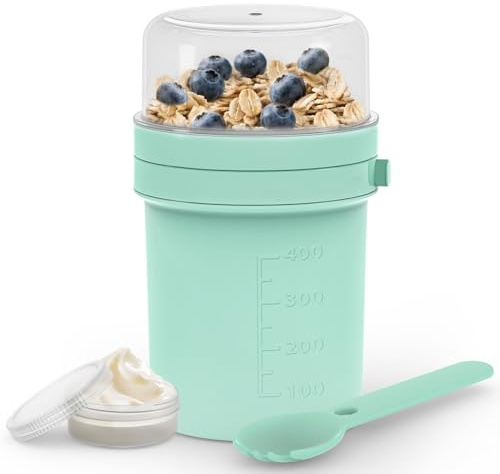 MRUN BONE Müslibecher To Go mit Gabel-Löffel, Auslaufsichere Joghurtbecher To Go, Müslibecher für Unterwegs, Arbeit, Schule, Picknick, 450ml+250ml, (Mint Blau)