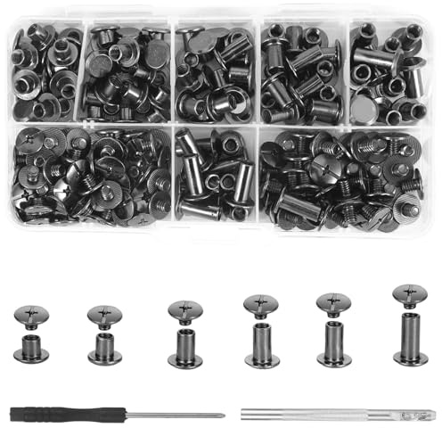 110 Satz Schrauben，Buchschrauben M5*4、5、6、8、10、12mm，6 Größen Schraube Nieten mit Sortiment Box für Leder Taschen Gürtel Rucksäcke Kleidung DIY Handmade Dekorationen（Schwarz）