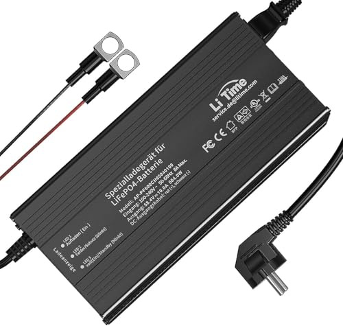 LiTime LiFePO4 - Cargador de batería de 58,4 V y 10 A CA-CC – Cargador inteligente para baterías LiFePO4 de 51,2 V, con función de carga de 0 V, terminales de cable y ventilador de refrigeración