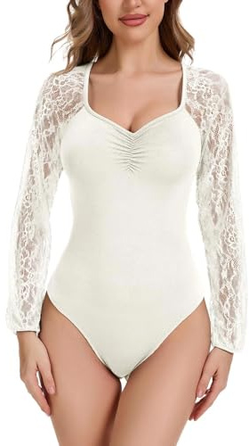 WOWENY Body Spitze Langarm Damen Sexy V Ausschnitt Bodysuit Elegant Shirt DreiviertelLangarm Slim Fit Oberteil Tshirt Leotard,Weiß,L