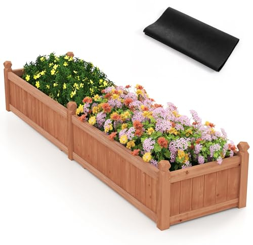 TANGZON Raised Garden Bed, Solid Wood Rectangular Planter Box with Divider, Drainage Holes & Non-woven Liner, Flower Pot Planing Container for Growing Vegetables Flowers Herbs Fruits (Brown)