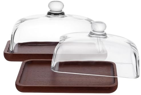 nbeads 2 Pcs Présentoir à Gâteaux avec Base en Bois, Support a Gateau en Rond Cloche en Verre Transparent pour Dessert, Fromage, Bonbons, Plantes Succulentes, 12x17.6x10 cm
