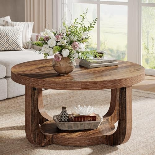 Tribesigns Couchtisch Rund 80cm, Wohnzimmertisch aus Holz mit Zweistufiger Aufbewahrung, Stabiler Wohnzimmertisch für Wohnzimmer Büro, Rustikales Braun