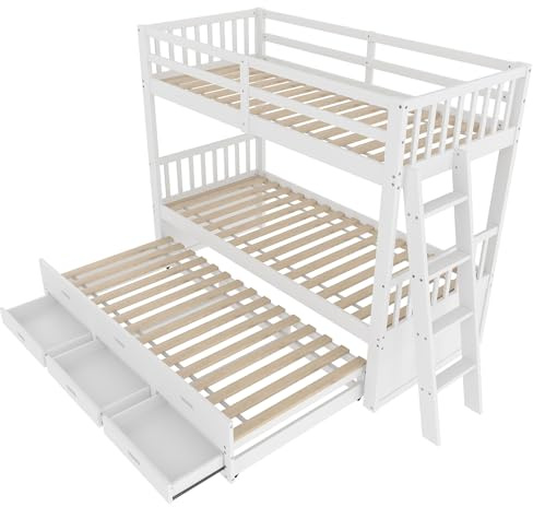Litera individual sobre individual con cama nido, convertible en dos camas individuales. Estructura de madera con barandilla de seguridad No necesita somier. Color blanco.