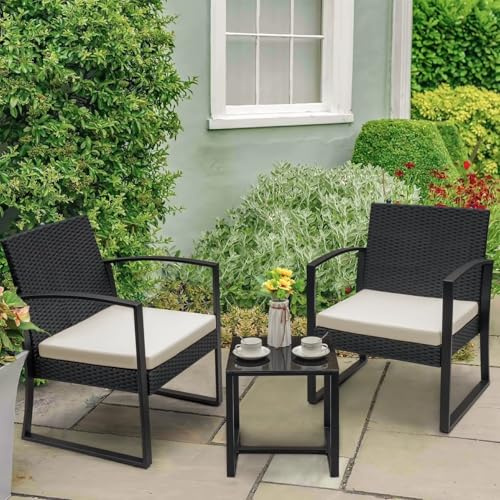 COSMO BUY 3-Piece Outdoor Garden Patio Bistro Chairs with Coffee Table, Outdoor Patio Chairs Set of 2 with Cushion and Coffee Table for Garden, Balcony, Backyard & Poolside (Black)