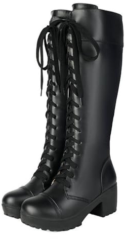 Bottes d'équitation montantes doublées de fausse fourrure pour femme - Chaussures gothiques à lacets et bout rond, Noir , 35 EU
