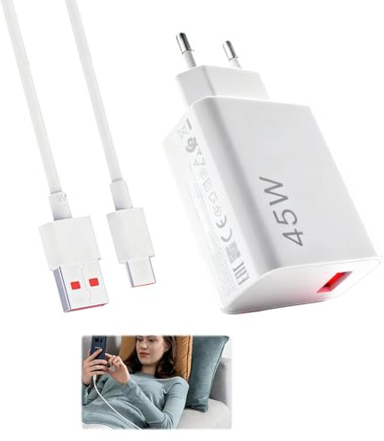 Cargador Rápido 45W PD GAN + Cable USB-C 1M, Adaptador de Carga Tipo C 6A para Smartphones, Tabletas y Dispositivos USB-C, Carga Turbo Rápida, Blanco, Cargador Seguro y Portátil