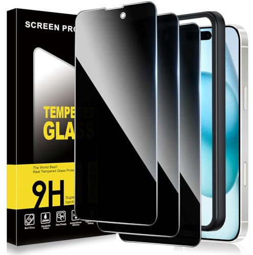 ZhuoFan Sichtschutz für iPhone 15 Panzer Schutz Glas,Privacy Schutzfolie Displayschutz,Anti-Spy 10H Härte Folie Schutzglas Blickschutz mit Rahmen Positionierhilfe,Bläschenfrei,3 Stück