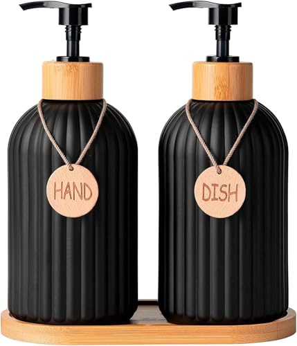Tvåldispenserset i glas, svart, 2 x 430 ml, diskmedelsdispenser och handtvålsdispenser med bambupump och bricka, påfyllningsbar tvåldispenser för kök och badrumsdekoration, inklusive trähängare