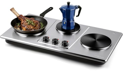 Electric Hob, CUSIMAX Hot Plates for Cooking, 2800W Cast Iron Triple Burner | with Temperature Control, Table Top Cooking Electric Stove, 3 Zone Cast Iron Hob, Overheat Protection, Stainless Steel