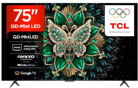 TCL 75C6K-UK 75 Inch QD-Mini LED TV, 4K HDR Premium 1000nits, Smart TV Powered by Google TV (Dolby Vision IQ & Atmos, Onkyo 2.1 Sound System, 144Hz Motion Clarity Pro)