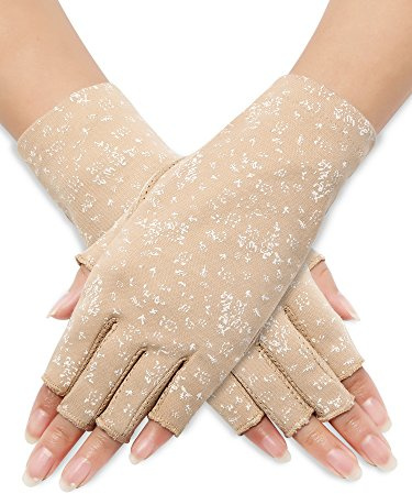 Maxdot 1 Pair Women Sunblock Fingerless Gloves UV Protection Driving Gloves Summer Mitten Non Slip for Outdoor Cycling Manicures (Khaki)