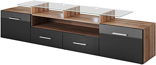 Tv Schrank Evora Mini, Lowboard, Unterschrank, Fernsehentisch, Fernsehenschrank mit 2 Klappen, 2 Schubladen und LED Beluchtung (Pflaume/Schwarz Hochglanz)