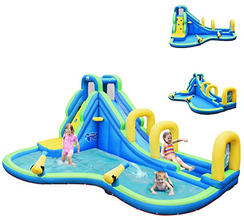 COSTWAY Château Gonflable avec Toboggan Aquatique & Mur d’Escalade, Aire de Jeux Gonflable avec Canon à Eau & Pataugeoire, Charge 120 kg pour 4 Enfants de 4-12 Ans, 477x366x242cm, sans Souffleur