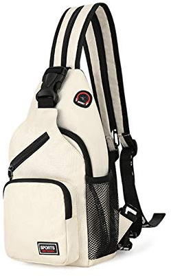 FANDARE Mujer Bolsa de Pecho Mochila Pequeña con Orificio para Auriculares Bolsos Cruzados Niña Bandoleras Cruzada Deporte Viaje Ciclismo Intemperie Sling Bag Poliéster Duradero Blanco