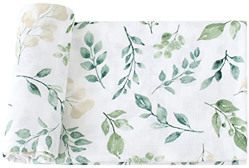 LifeTree Baby Pucktuch Musselin Tuch, Große 120x120cm Musselin Swaddle Decke Baby Bambus Baumwolle Swaddle Wrap für Junge und Mädchen Neugeborene, Grünpflanzen Design