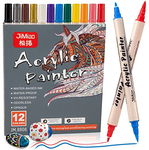 Reaeonat Acrylic Paint Pens, 12 Assorted Colour Dual Tip Brush 1 mm Fine Point Acrylic Permanent Marker Pen Set for Art, Wood, Rock Painting, Plastic, Ceramic, Glass and Fabric DIY Drawing