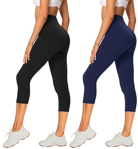 AMIYOYO Confezione da 2 leggings da donna a 3/4, a vita alta, opachi, corti, elasticizzati, per yoga, fitness, attività all'aria aperta e tempo libero, Leggings Capri nero+blu scuro, 38 IT/44 IT