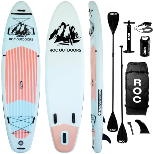 Roc Uppblåsbara stående paddelbrädor med premium SUP paddelbrädstillbehör, extra bred stabil design, 2 års garanti, halkfri komfortdäck för ungdomar och vuxna (moln)