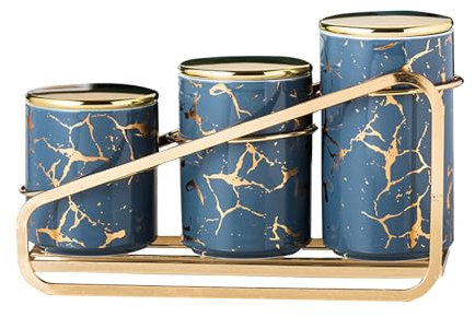 XYQXYQ Ceramic Jars Set, Gold Modern Kitchen Storage Jars, A Set of 3 Kitchen Containers with Tiered Shelf, Airtight Flour and Sugar Canisters, Coffee and Tea Storage