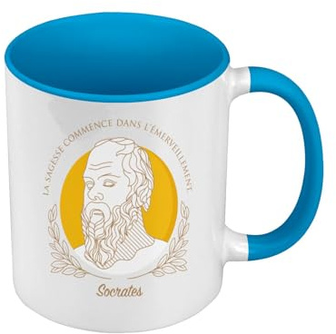 Fabulous Mug de Couleur Qualité Premium Bleu - La Sagesse Commence Dans L'émerveillement Socrates Citation Philosophie - Tasse avec anse et intérieur de couleur