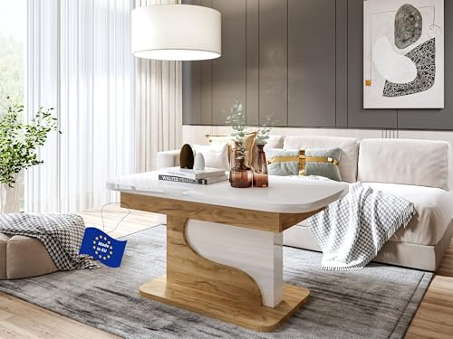 designimpex DA-111 Couchtisch Weiß Hochglanz/Eiche Gold ausziehbar höhenverstellbar abgerundete Ecken 120/200 cm modern Wohnzimmertisch Esstisch Sofatisch platzsparend Wohnzimmer