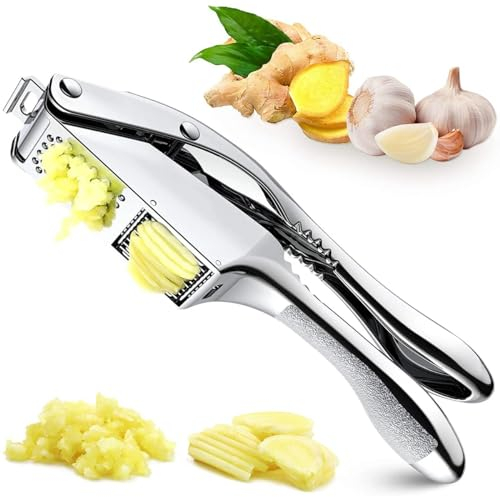 Omana Heavy-Duty Garlic Press Mincer & Slicer – 21cm Professional Stainless Steel Crusher with Ergonomic Anti-Slip Handle – Easy-Clean, Rust-Proof Ginger Squeezer Kitchen Tool