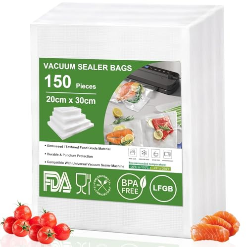 Omtofo 150 Beutel Vakuumierbeutel 20x30cm, Geprägt, BPA-frei, Reißfest, Vakumierergerät Beutel für allen Heim-Vakuumierern, Profi Vakuumbeutel Lebensmittel Sous Vide Gefrierbeutel