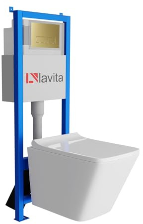 Lavita LAV 101 LAV 200.3.5 - Elemento de pared para inodoro de 40 cm + lavabo profundo para lavabo LAGO blanco sin borde + placa de control LAV 200.3.5 oro | juego completo | cisterna empotrada |