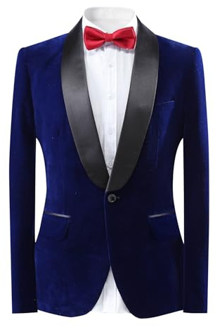 YOUTHUP Men's Velvet Blazer Shawl Collar Slim Fit Suit Jacket 1 Button Wedding Formal Dress Jackets, Blue, L